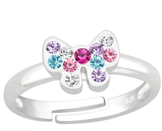 Joy|S - Zilveren vlinder ring - verstelbaar - zilver met gekleurde kristalletjes - voor kinderen