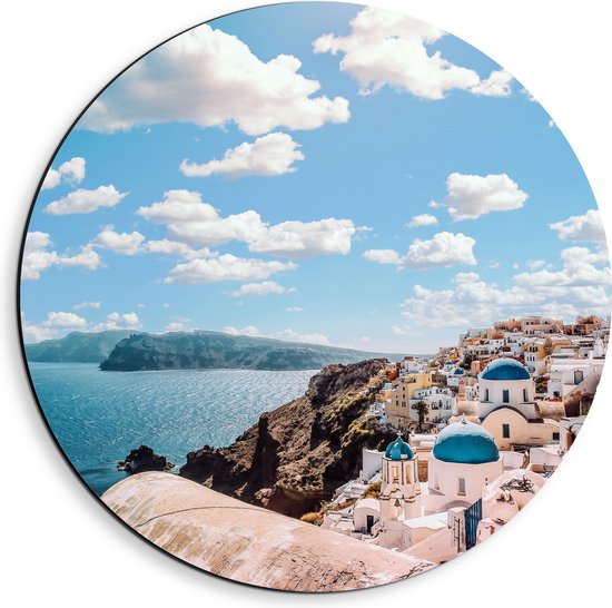 WallClassics - Dibond Muurcirkel - Klassiek Witte Huisjes in Santorini - 40x40 cm Foto op Aluminium Muurcirkel (met ophangsysteem)