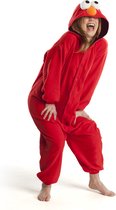 KIMU Onesie Elmo Pak - Maat M-L - Elmopak Kostuum Rood Sesamstraat Pak 170 176 - Huispak Pyjama Jumpsuit Dames Heren Fleece Muppet Festival