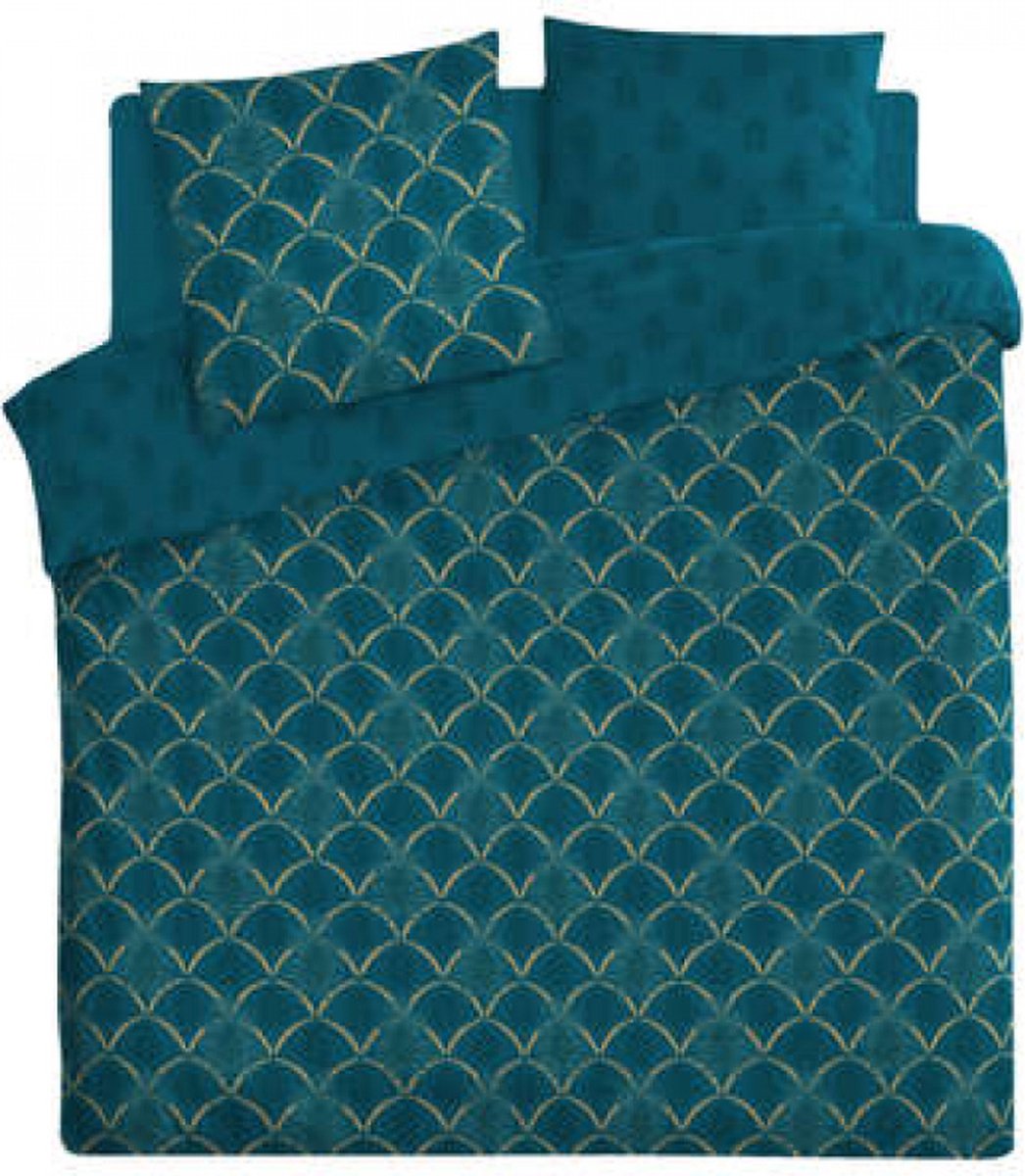 Dekbedovertrekset - Atmosphera Créateur d'intérieur - foliedruk set 240x220, duck blue - 100% katoen - 240x220 plus 2 kussenslopen 65x65 - Eend Blauw - Petrol Blue - accent kleur Oker Geel -