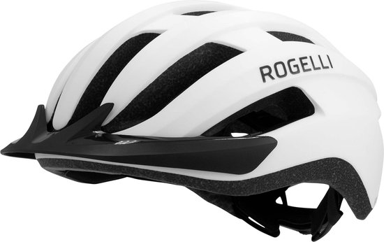Witte Rogelli fietshelm met zwarte klep en zwarte details. Zijaanzicht.