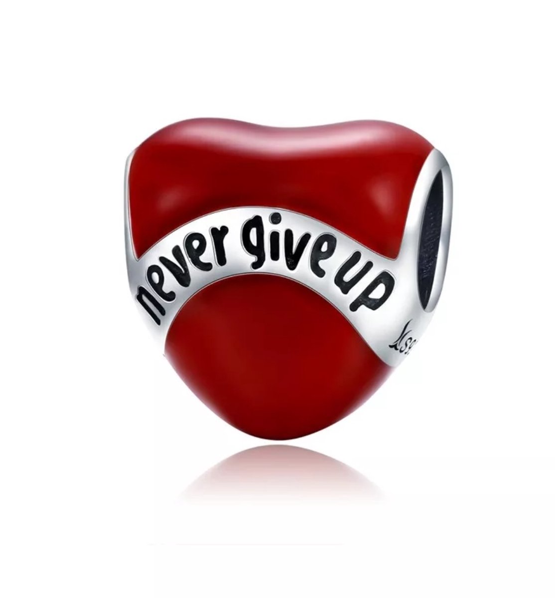 Zilveren Bedel Rode Collectie | Sieraad Never Give Up| | Sterling zilver 925 | Bedelarmband | Sieraden | Moederdag Cadeau | Past op de 3 Millimeter - Standaard Armband | Romystones