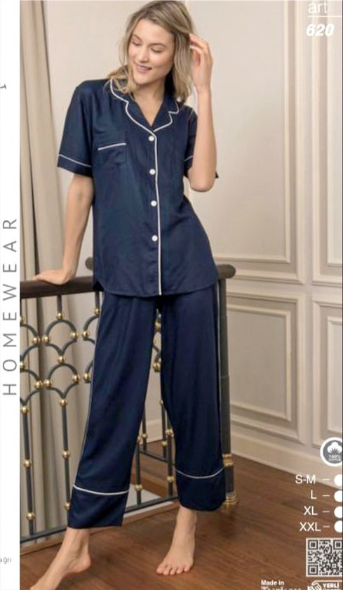 Dames Pyjama Set Ada / Donker blauw / 100% Katoen / maat S/M