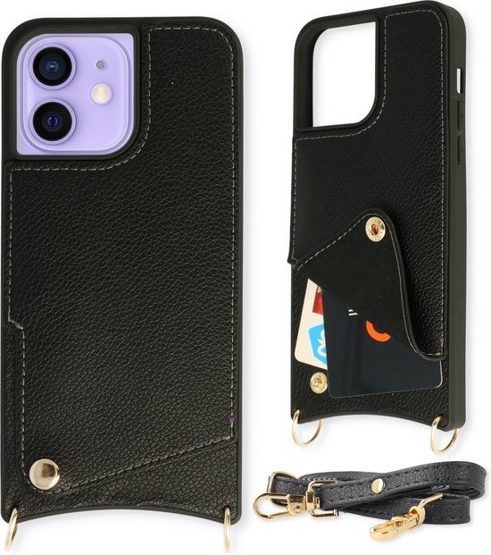 Casemania Hoesje Geschikt voor Apple iPhone 11 - Back Cover met Draagkoord - Pasjeshouder Hoes met Bandje - Crossbody Telefoonhoesje - Lanyard Case - Zwart