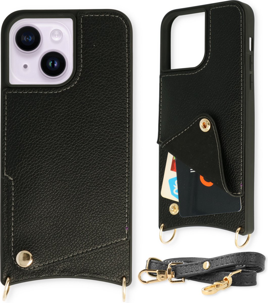 Casemania Hoesje Geschikt voor Apple iPhone 14 - Back Cover met Draagkoord - Pasjeshouder Hoes met Bandje - Crossbody Telefoonhoesje - Lanyard Case - Zwart