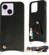 Casemania Coque pour Apple iPhone 14 Zwart - Coque arrière avec sangle - Porte-cartes et cordon