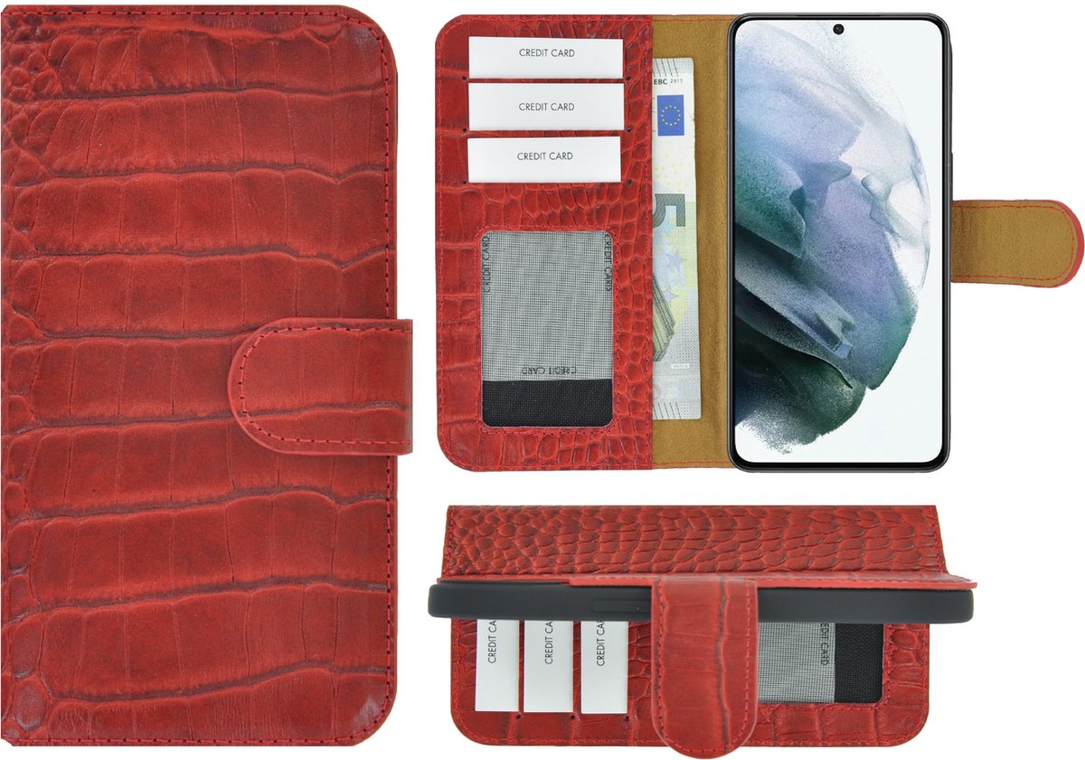 MoDo hoesje Geschikt voor Samsung Galaxy A54 - Echt Leer Book Case - Croco Rood