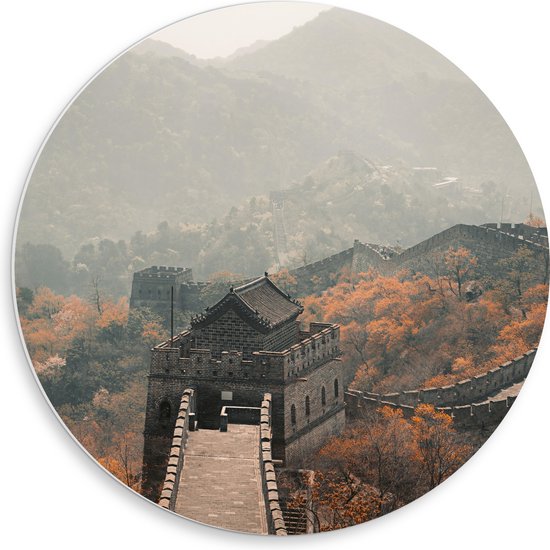 PVC Schuimplaat Muurcirkel - Bovenaanzicht van Chinese Muur in Herfst - 50x50 cm Foto op Muurcirkel (met ophangsysteem)