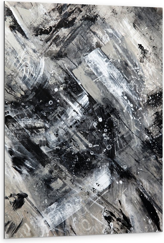 Dibond - Abstracte Verfmix van Zwart en Wit Tinten - 80x120 cm Foto op Aluminium (Wanddecoratie van metaal)