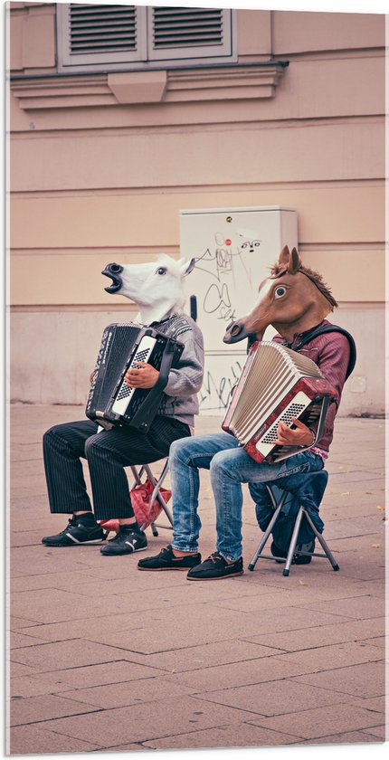 Acrylglas - Twee Personen met Paarden Maskers Spelend op Accordeon - 50x100 cm Foto op Acrylglas (Wanddecoratie op Acrylaat)
