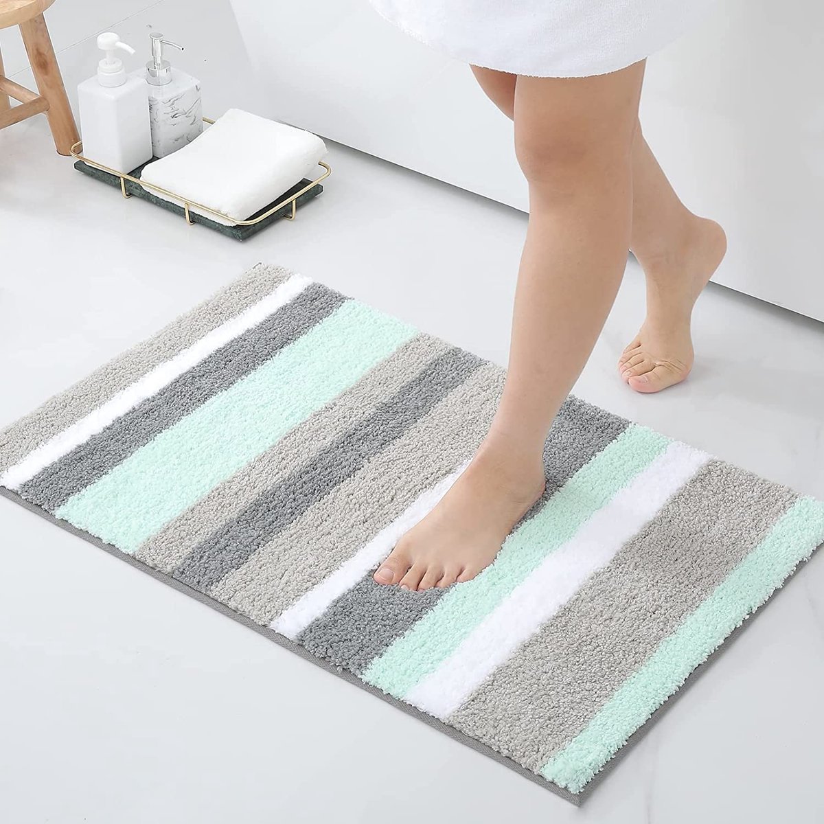 Homaxy Antislip badkamertapijt, zacht, hoogpolig, microvezel, badmat, absorberend, wasbaar, 40 x 60 cm, groen/grijs