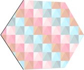 Dibond Hexagon - Blokpatroon van Blauw, Bruin en Roze Vakken - 80x69.6 cm Foto op Hexagon (Met Ophangsysteem)