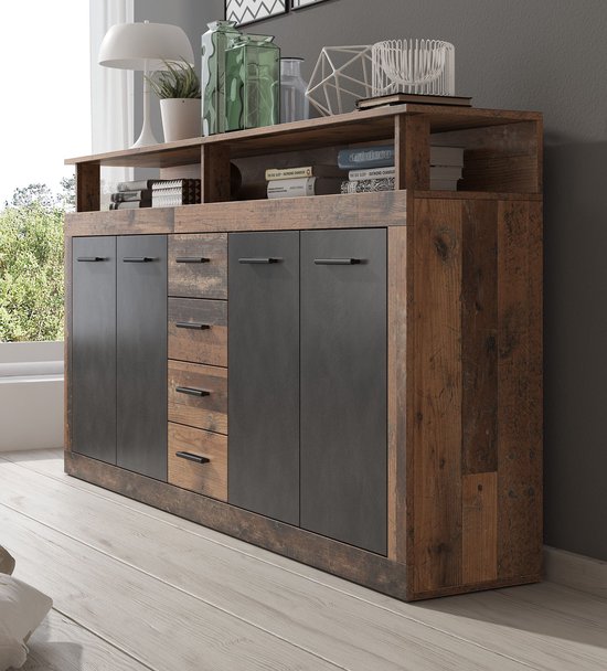 Meubella - Dressoir Lavina - Old wood - Antraciet - 190 cm