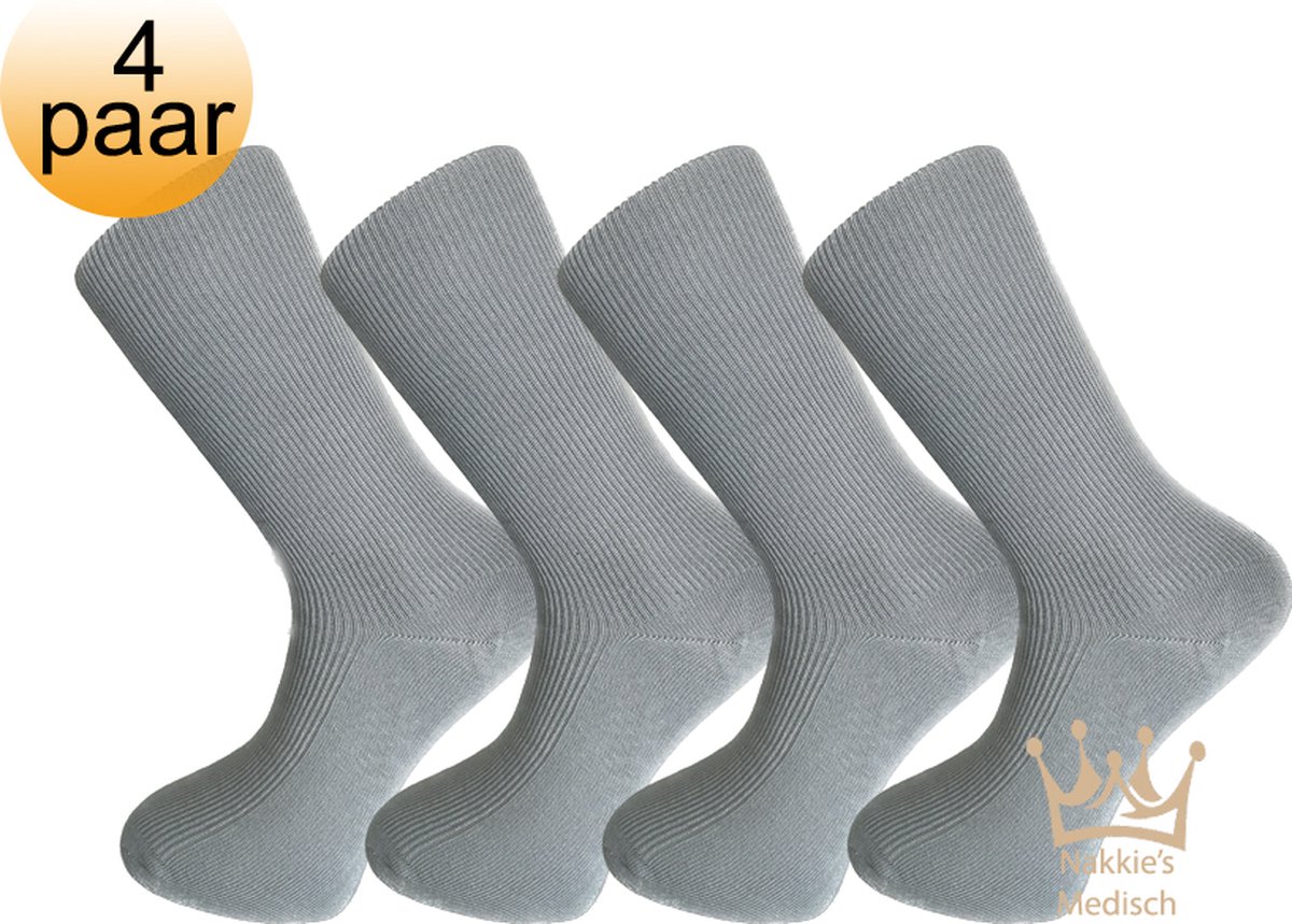 Nakkie's Medische sokken | 100% katoen | Anti bacterieel | Grijs | Maat 36/38 | 4 paar | Sokken voor diabeten | Anti bacterieel | Sokken zonder elastiek | Naadloos