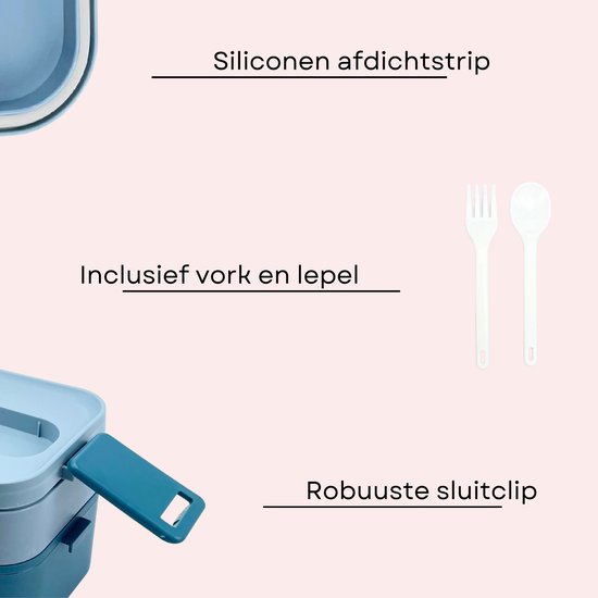 Détails d'une boîte à bento : joint en silicone, couverts inclus, clip de fermeture robuste.