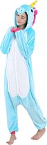 Eenhoorn Blauw Onesie Pak Kostuum Outfit Huispak Jumpsuit Verkleedpak - Verkleedkleding - Halloween & Carnaval - SnugSquad - Kinderen & Volwassenen - Unisex - Maat XS voor Lichaamslengte (138 - 145 cm)