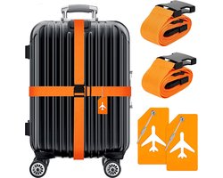 BOTC Kofferriem met Kofferlabel - 4-Delig Kofferband set - 2 Kofferband en 2 Bagagelabel - bagageriemen - Bagageband - Verstelbaar - Oranje