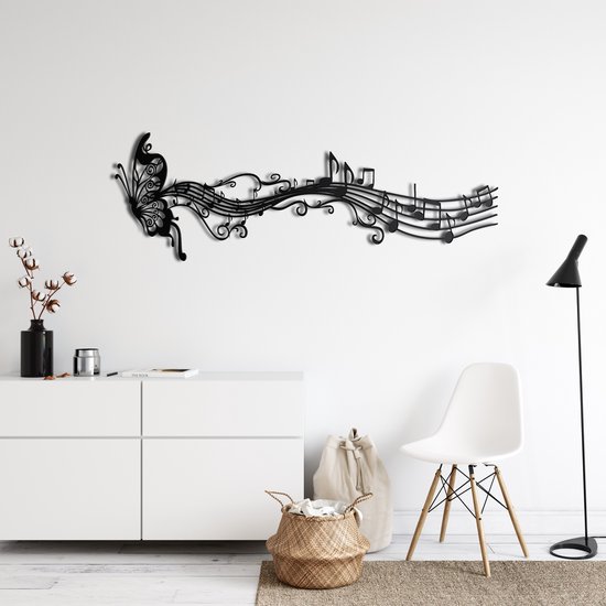 Wanddecoratie |Vlinder- en Melodienoten / Butterfly and Melody Notes | Metal - Wall Art | Muurdecoratie | Woonkamer | Buiten Decor |Zwart| 118x40cm