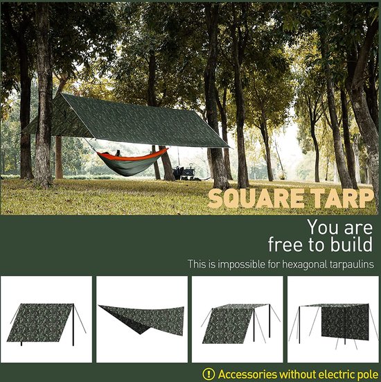 Tarp waterdicht, 3x3/3x4M camping tent camouflage, anti-UV sneeuw regen zonbescherming, ultralicht draagbaar, voor hangmat, buitenactiviteiten — afbeelding 3