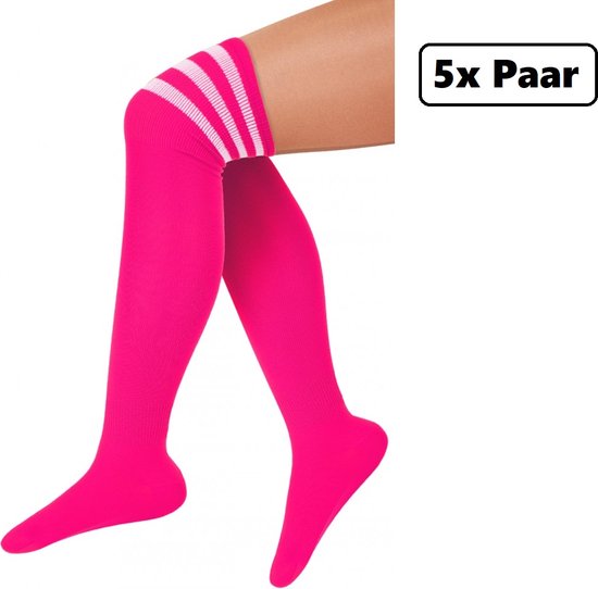 5x Paire Chaussettes longues rose fluo à rayures blanches - taille 36-41 -  chaussettes... | bol.com