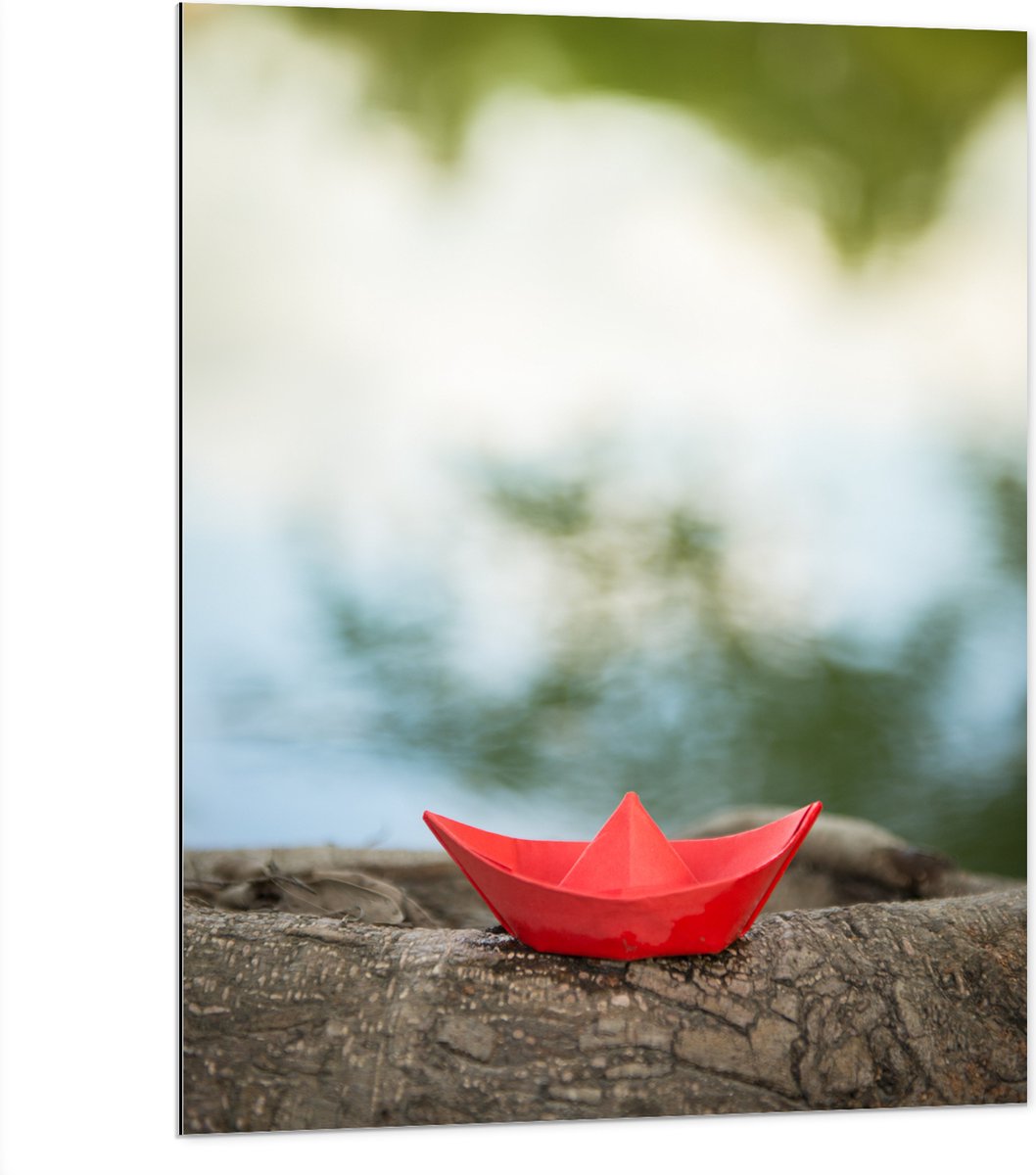 Dibond - Rood Origami Bootje op Boomstam langs Water - 75x100 cm Foto op Aluminium (Wandde