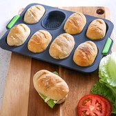 Broodbakvorm, bakvorm voor 8 broodjes, siliconen bakplaat met antiaanbaklaag, baguette bakplaat (met heerlijke knapperige korrels) (zwart-groen, siliconen)