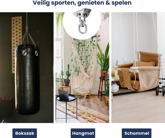 Voorbeelden van het ophangen van een bokszak, hangmat en schommel aan een plafondhaak.