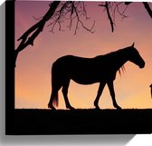 Canvas - Silhouet van Paard onder Boom tegen Rozekleurige Lucht - 30x30 cm Foto op Canvas Schilderij (Wanddecoratie op Canvas)