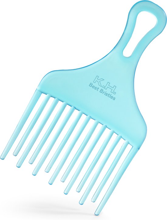 Turquoise afro pick kam van Ecorare met 'Best Bristles' tekst.