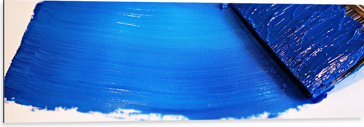 Dibond - Blauwe Verf Streep op Witte Achtergrond - 120x40 cm Foto op Aluminium (Wanddecoratie van metaal)