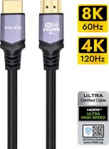 NÖRDIC HDMI-N1053A Ultra high speed HDMI Kabel - HDMI 2.1 - 8K 60Hz, 4K 120Hz - 48Gbps - Dynamische HDR, eARC, VRR - Gevlochten nylondraad - 5m - Spacegrijs