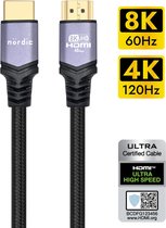 NÖRDIC HDMI-N1013A Ultra high speed HDMI Kabel - HDMI 2.1 - 8K 60Hz, 4K 120Hz - 48Gbps - Dynamische HDR, eARC, VRR - Gevlochten nylondraad - 1m - Spacegrijs