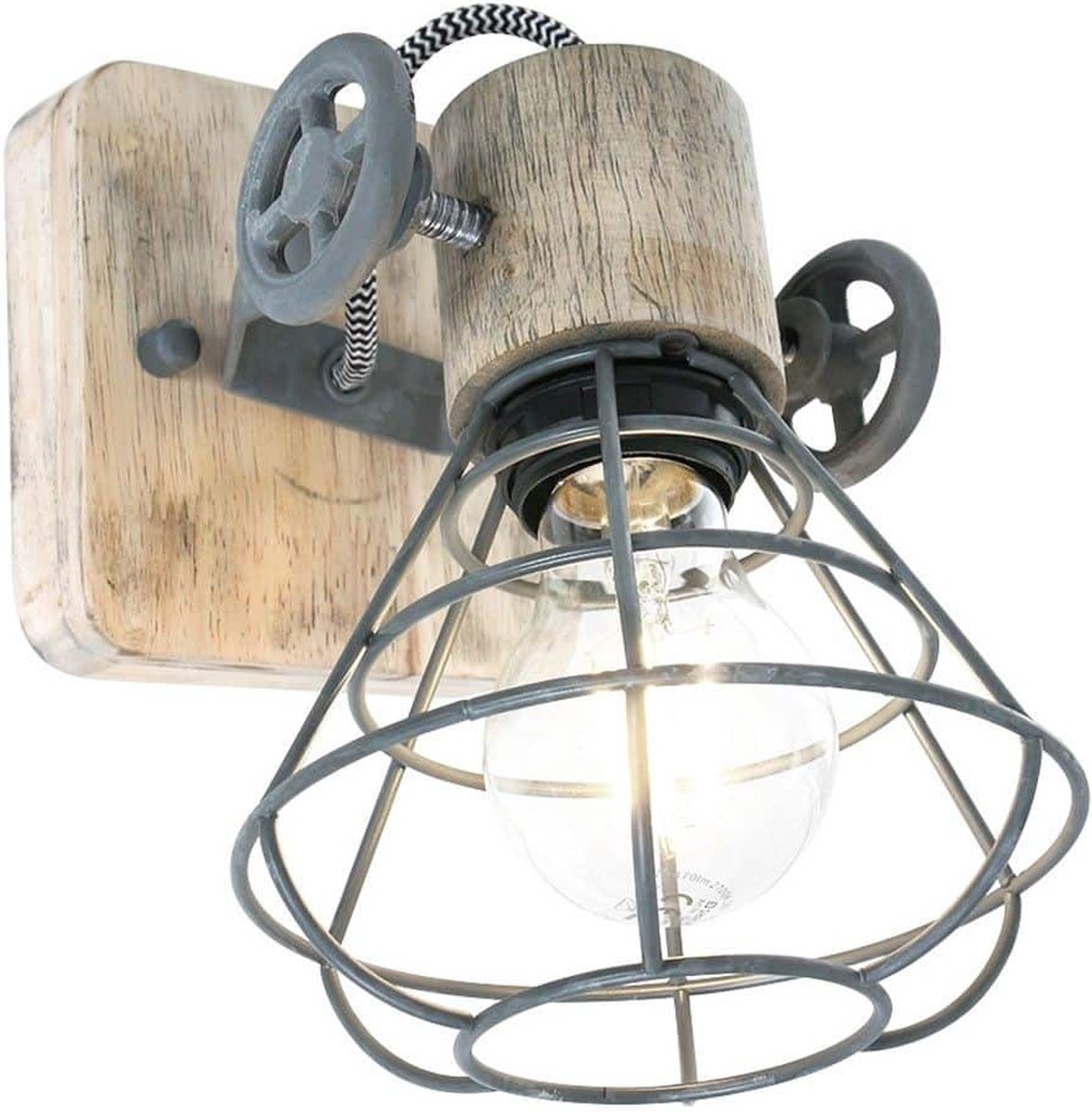 Landelijke draadspot Anne | 1 lichts | grijs / bruin | hout / metaal | Ø 14 cm | eetkamer / woonkamer / slaapkamer lamp | industrieel / modern / robuust design