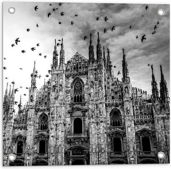 Tuinposter – Kathedraal in Milaan in het Zwart- wit - 50x50 cm Foto op Tuinposter (wanddecoratie voor buiten en binnen)