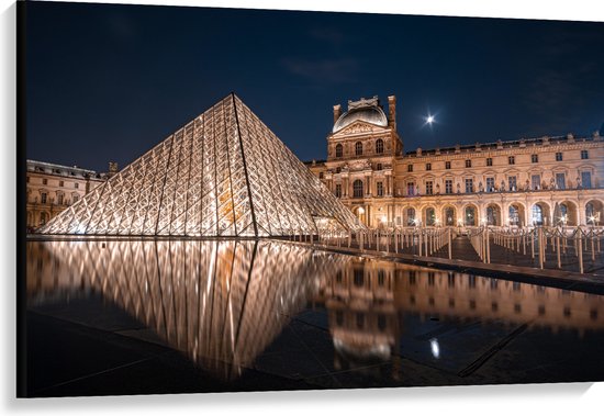 Canvas - Verlicht Louvre in Parijs, Frankrijk - 120x80 cm Foto op Canvas Schilderij (Wanddecoratie op Canvas)