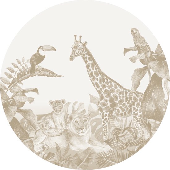 Volpracht Muurcirkel - Muurcirkel jungle - Behangcirkel zelfklevend - Ø 100 cm - Beige - Safari - Dieren - Babykamer Kinderkamer accessoires & muurdecoratie - Muursticker kinderkamer
