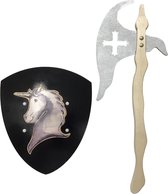 houten Strijdbijl met kruis ridderschild eenhoorn unicorn kinderbijl ridderbijl schild bijl