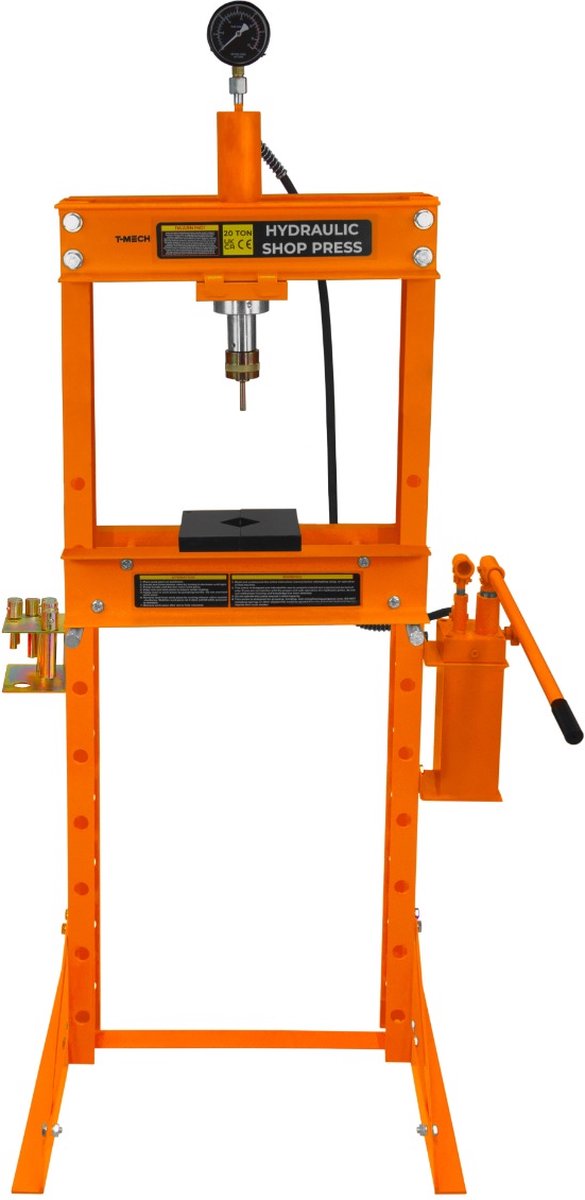T-Mech Hydraulische Werkplaatspers 20 Ton - Stalen Frame - Inclusief Drukmeting - Gratis 8 Verschillende Mandrils & 1 Adaptor