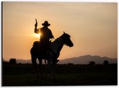 Dibond - Zonsondergang achter Cowboy op Bruin met Wit Paard met Geweer - 40x30 cm Foto op Aluminium (Wanddecoratie van metaal)