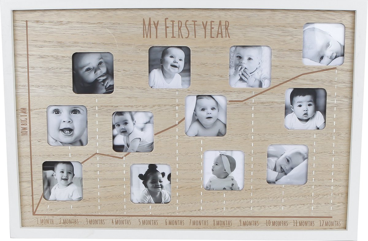 Houten Fotolijst "My First Year" – 44x40x1.5cm - Groeigrafiek Design – Baby's Eerste Jaar – 12 Foto's (5x5 cm)