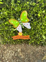 Metalen tuinsteker " vlinder + welcome " - groen & paars + meerkleurig - hoogte 80 x 25 x 27 cm - Tuinaccessoires - Tuindecoratie - Tuinstekers