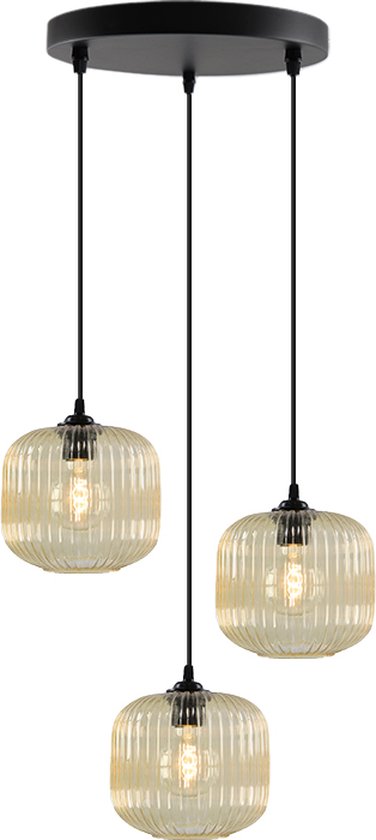 Olucia Charlois - Retro Hanglamp - 3L - Aluminium/Glas - Amber;Zwart - Rond - 30 cm