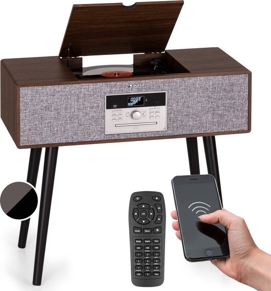 Auna Julie Ann Platenspeler Stereo-Installatie - 3 Snelheden: 33, 45 En 78 Toeren - Cd Speler - Dab+/Fm Radio - Bluetooth Verbinding - Usb Opnamefunctie - 2 Luidsprekers - Lc Display - Afstandsbediening - Aux-Ingang - 4 Afneembare Poten - Donker hout