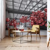 Fotobehang - Vlies Behang - Industriële 3D Ruimte met Rode Ballen - Modern - Geometrisch - 368 x 254 cm