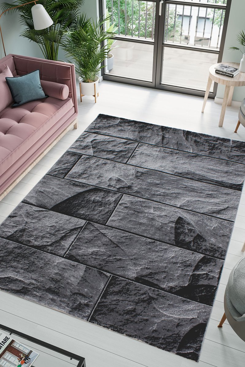 flycarpets Jaden Modern Vloerkleed Muur - Zwart / Grijs - 160x230 cm - Laagpolig Tapijt Woonkamer