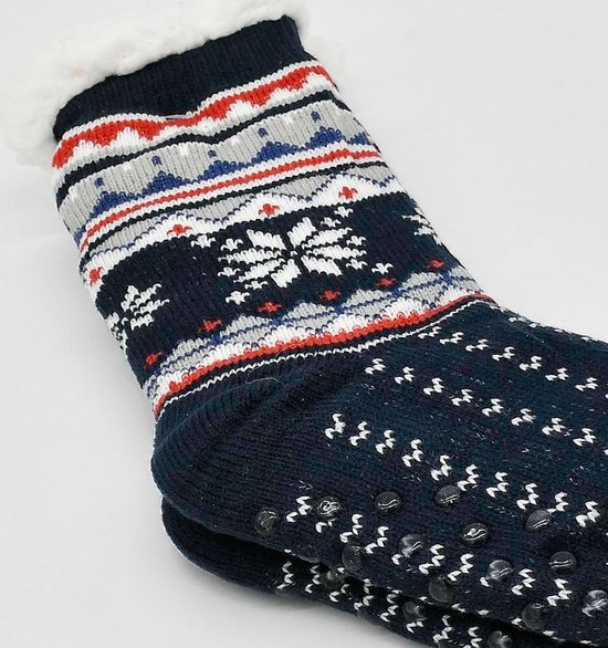 Merino Wollen sokken - Donkerblauw met Sneeuwvlok - maat 35/38 - Huissokken - Antislip sokken - Warme sokken – Winter sokken