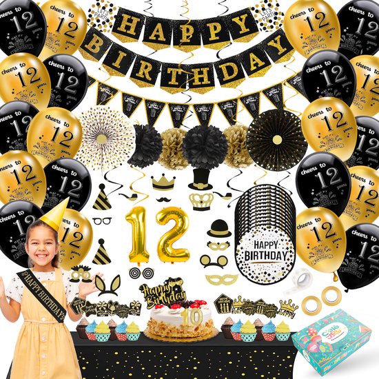 Celejoy® 12 Jaar 92-Delig Zwart & Goud Verjaardags feestpakket - Ballonnen, Slingers & Taarttopper - Voor Jongens, Meisjes - Ultieme Feestdecoratie