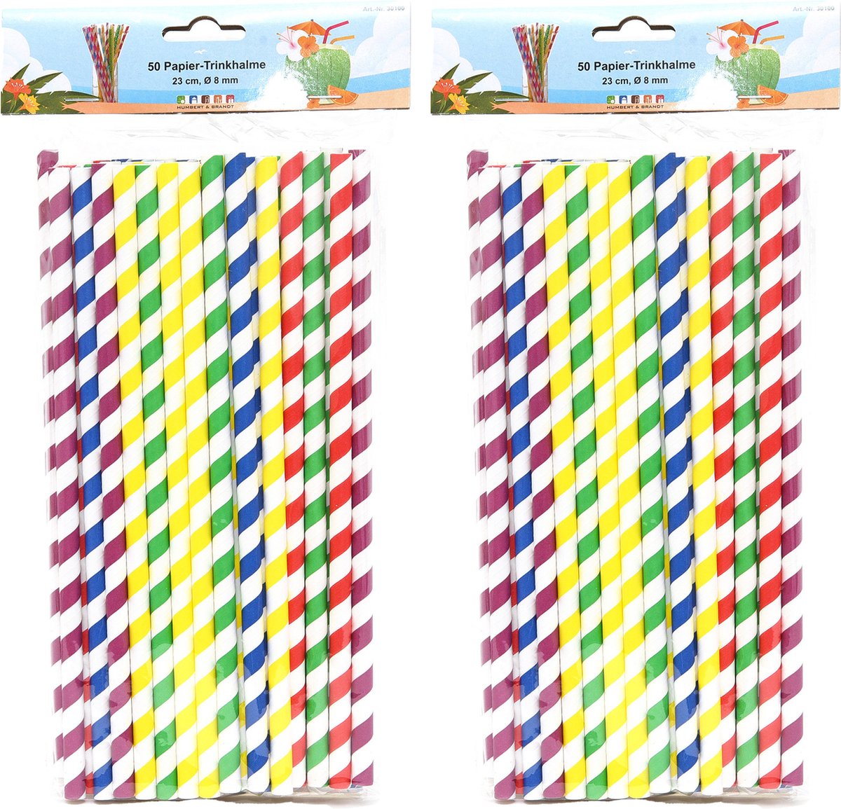 Drinkrietjes - papier - set 100x - multicolor kleuren - 23 cm - verjaardag/feestje - Dia 8 mm
