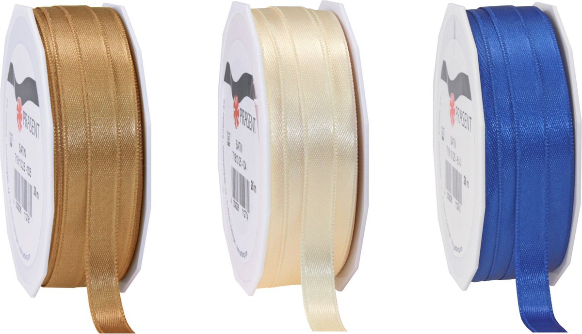 Glorex hobby - Satijn cadeau inpak deco sierlint - blauw/creme/bronze - 25 meter x 1 cm
