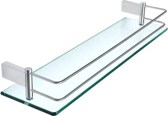 KES Hoekglazen Badkamerplank - Gehard Glas 7mm Met Roestvrij Stalen Rail, 250x250mm